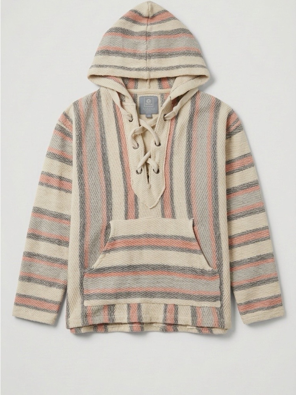 Rip Curl Cream Striped Lace-Up Hooded Sweater with Gray & Pink Accents